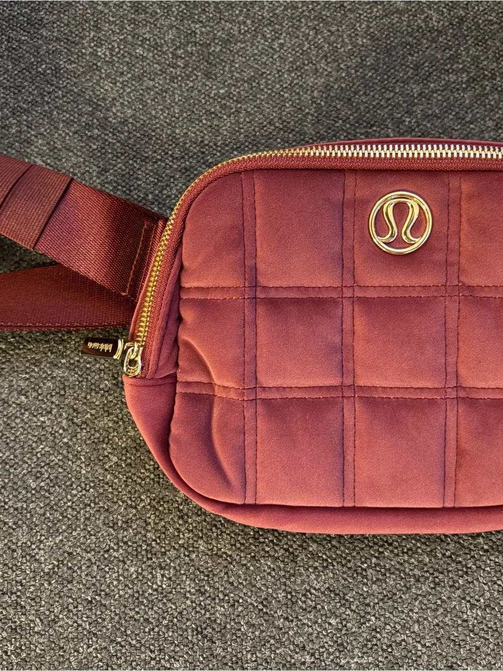lululemon Quilted Crossbody Belt Bag — Burgundy Velour with Gold Hardware